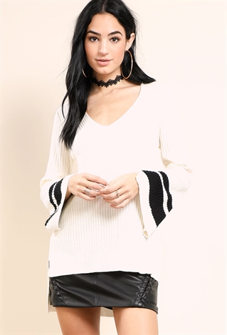 Striped Bell-Sleeve Knit Sweater