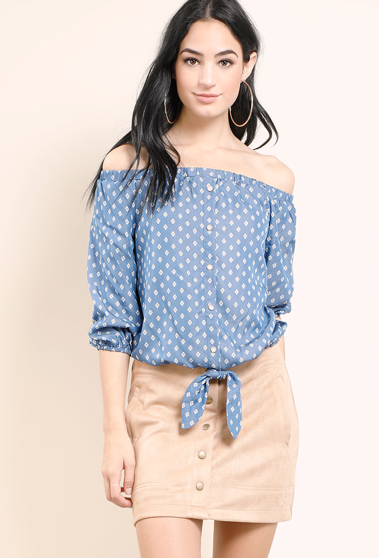  Off-The-Shoulder Abstract Pattern Self-Tie Top