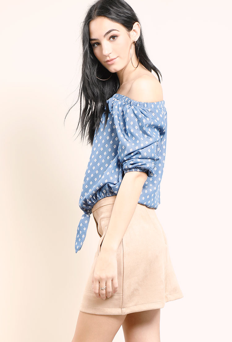  Off-The-Shoulder Abstract Pattern Self-Tie Top