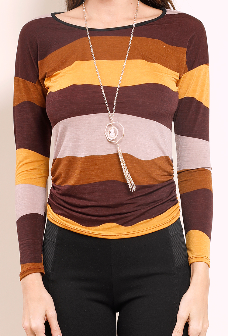 Colorblock Striped Tee W/Necklace