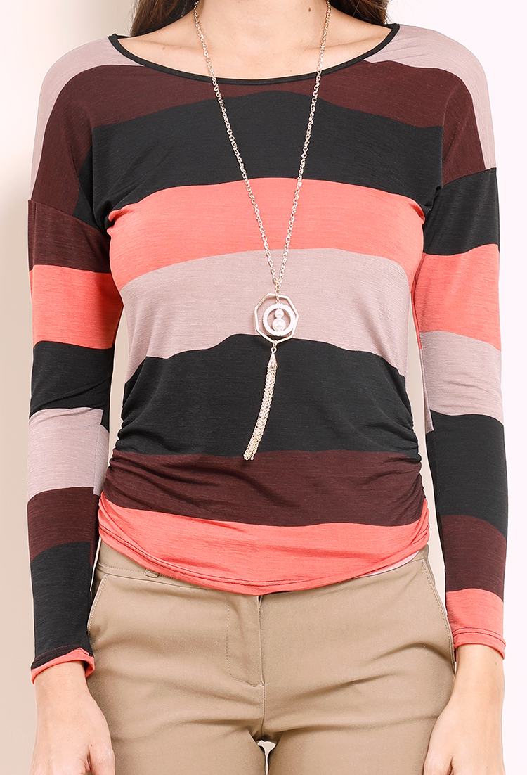 Colorblock Striped Tee W/Necklace