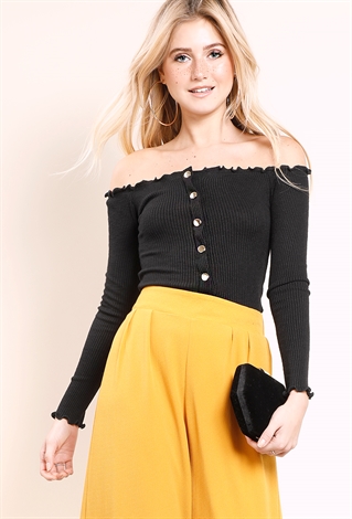 Ribbed Off-The-Shoulder Button Up Top