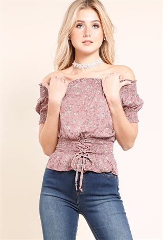 Smocked Floral Lace Up Waist Top