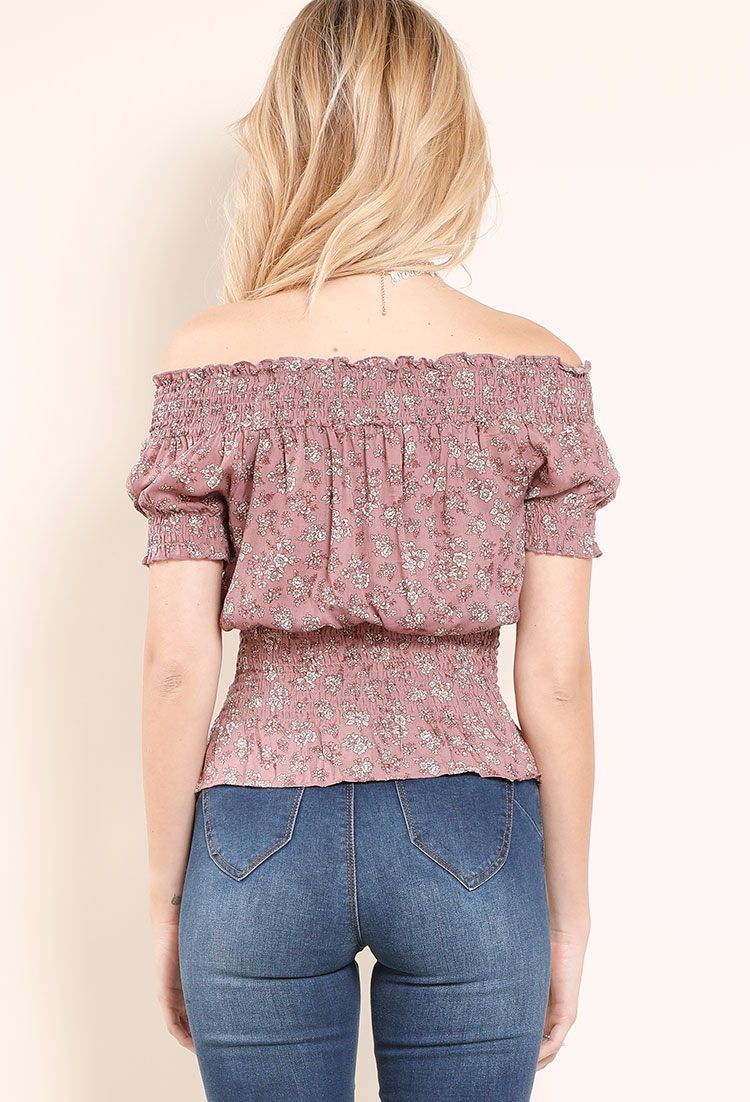 Smocked Floral Lace Up Waist Top