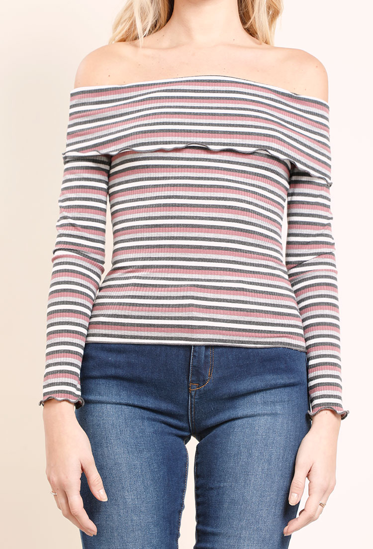 Lettuce-Cut Off-The-Shoulder Ribbed Striped Top