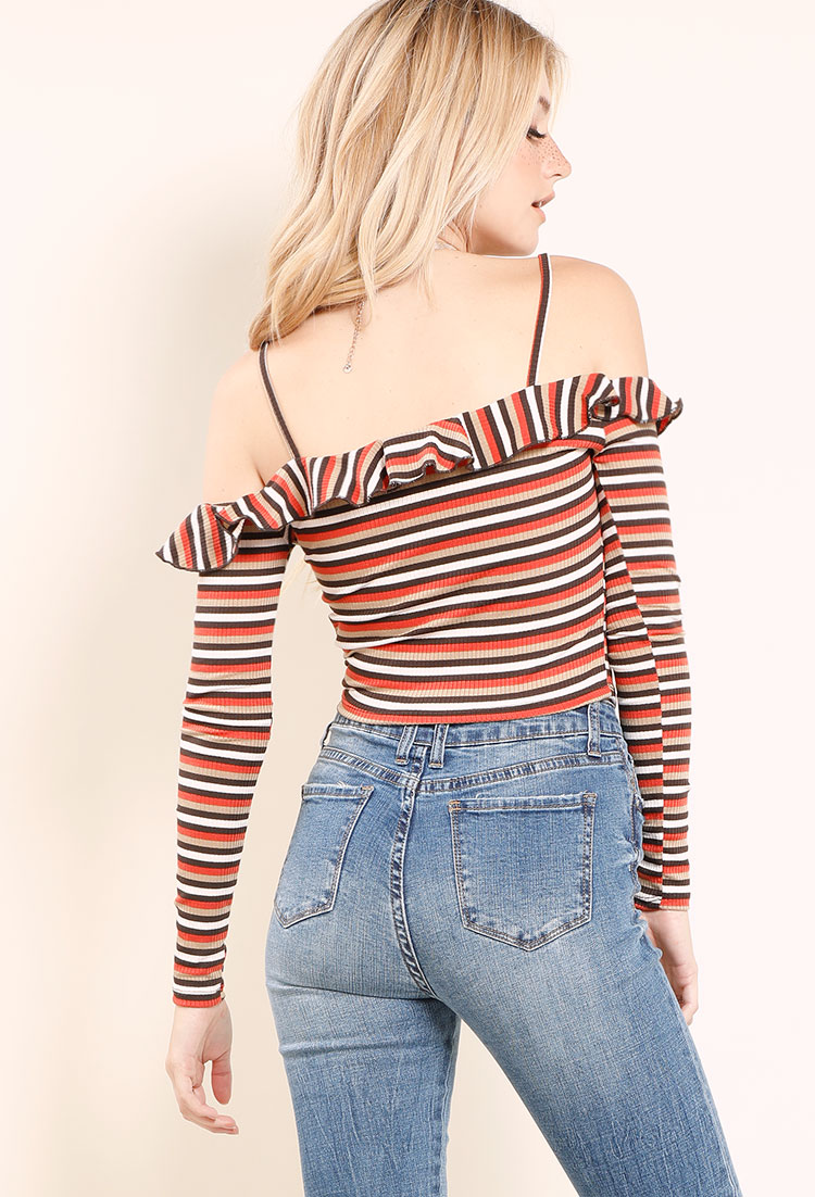 Ribbed Off-The-Shoulder Striped Frill-Trim Crop Top