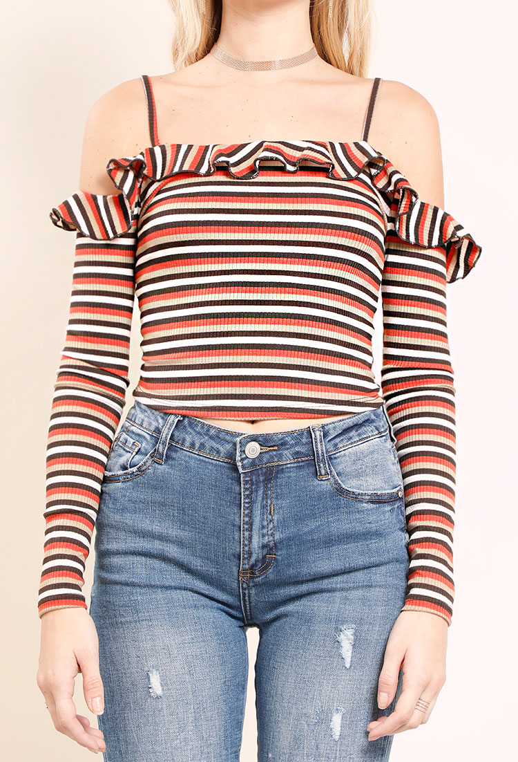 Ribbed Off-The-Shoulder Striped Frill-Trim Crop Top