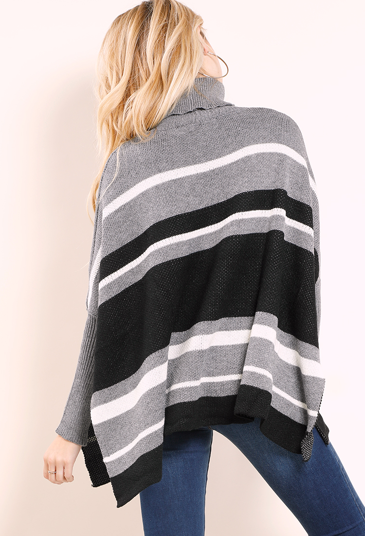 Striped Turtleneck Pancho Knit Sweater