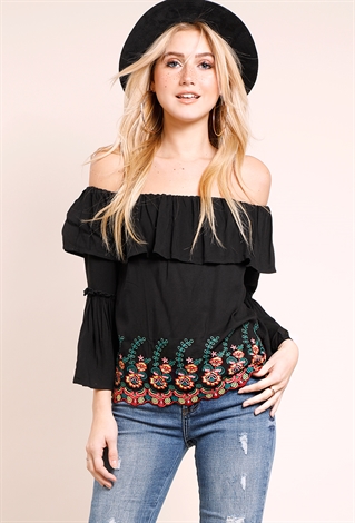 Off-The-Shoulder Flounce Embroidered Top