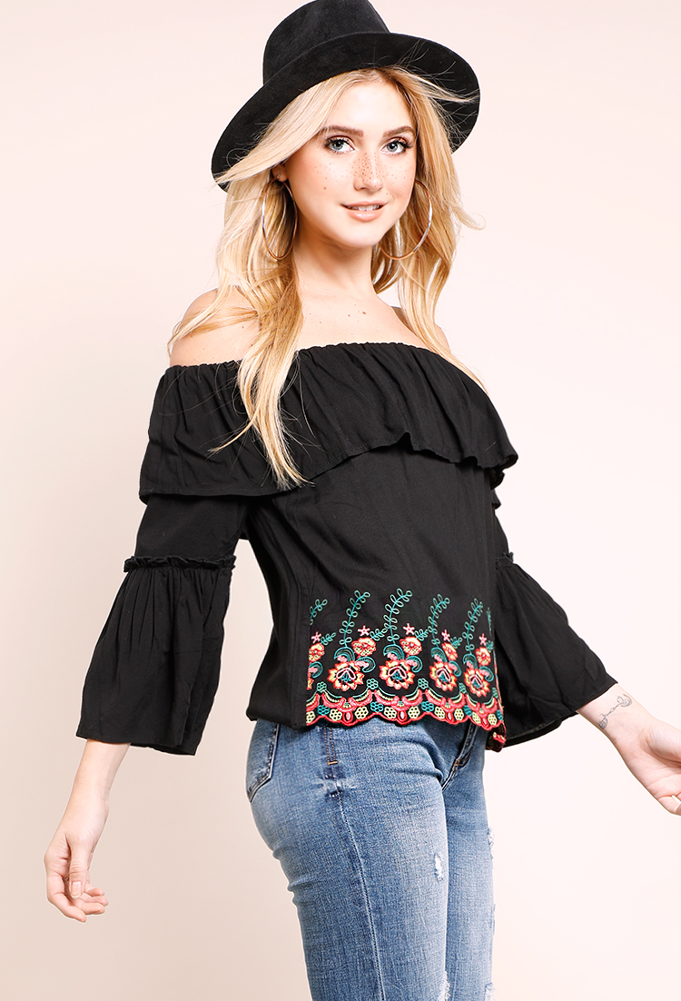 Off-The-Shoulder Flounce Embroidered Top