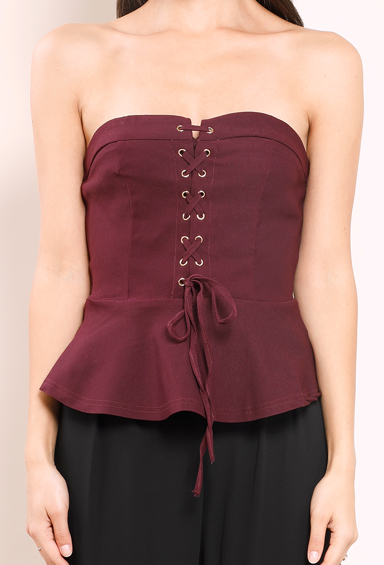 Lace-Up Peplum Strapless Top