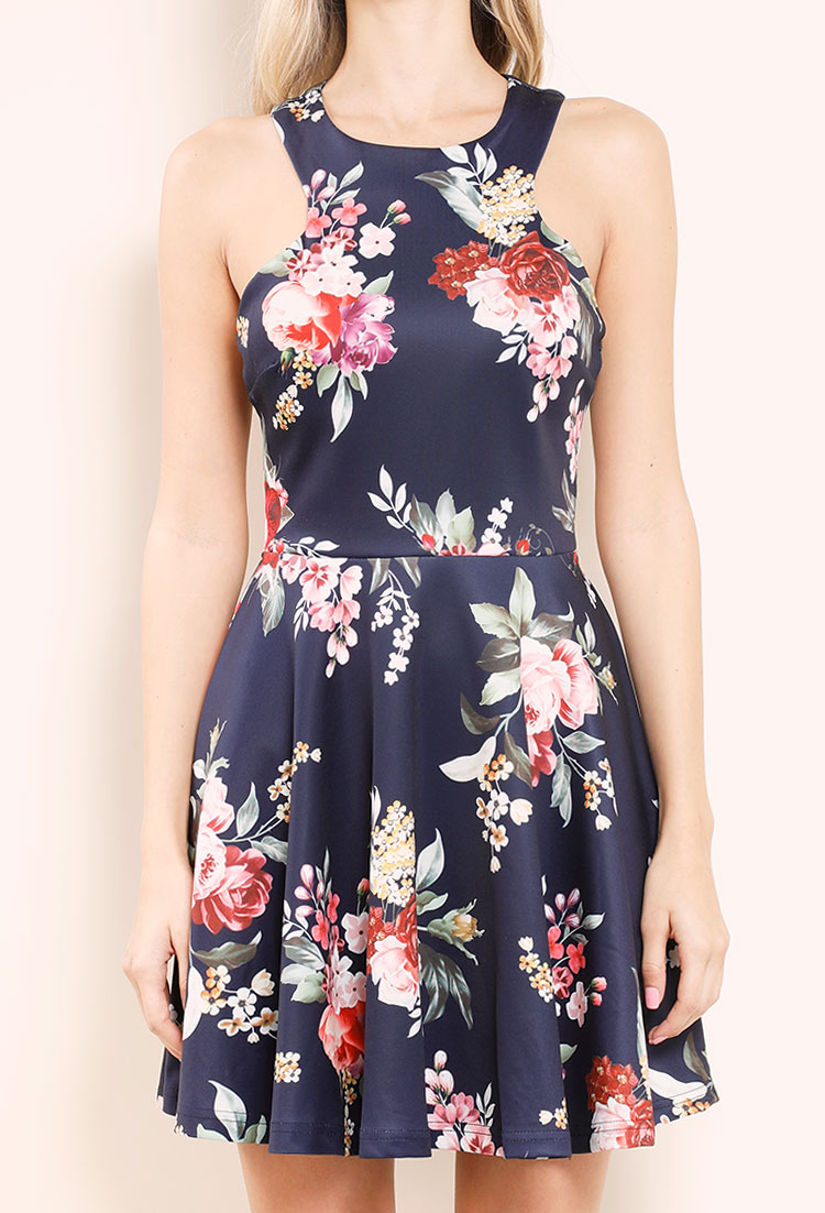 Floral Fit And Flare Halter Crisscross Side Mini Dress