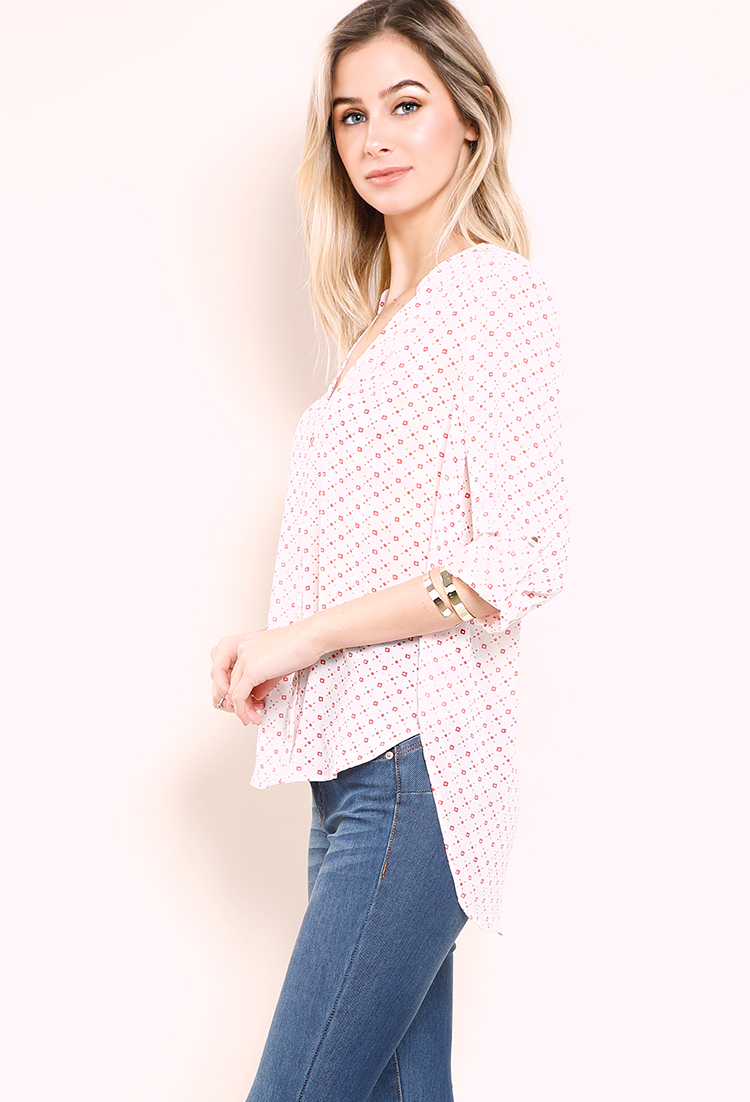 Abstract Print V-Neck Button-Up Blouse