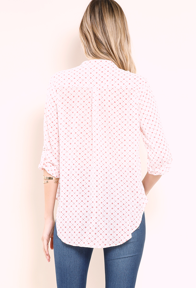 Abstract Print V-Neck Button-Up Blouse