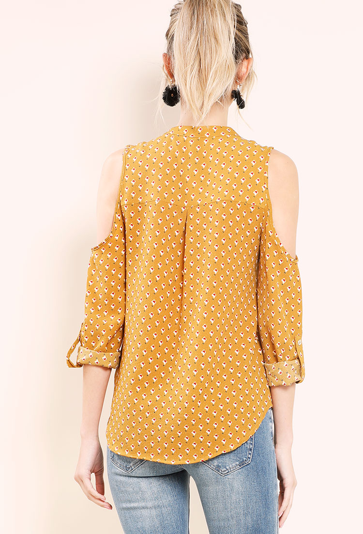 Abstract Print Open-Shoulder Button Down Blouse