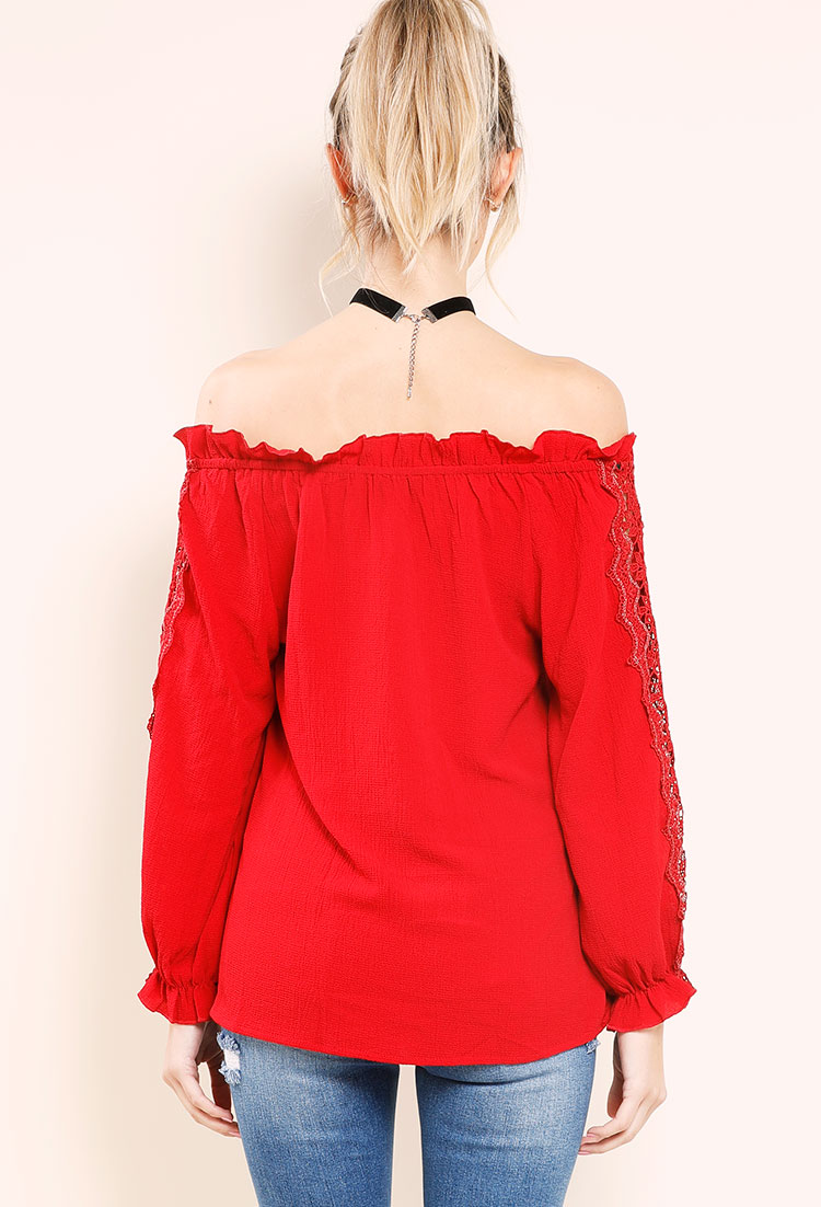 Frill-Trim Smocked Off-The-Shoulder Lace Sleeve Top