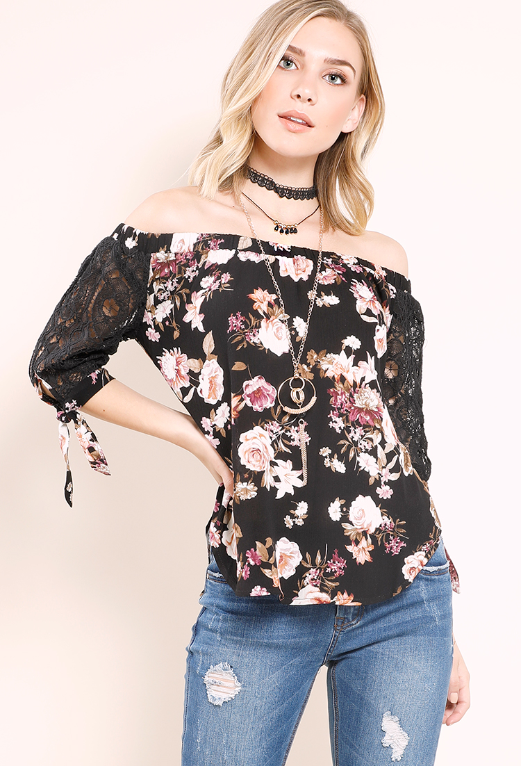 Floral Smocked Off-The-Shoulder Lace-Sleeve Top W/Necklaces