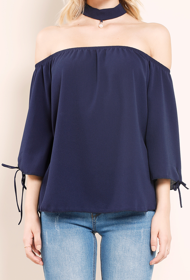 Off-The-Shoulder Pearl Detail Choker Top