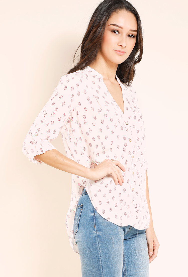 Abstract Print V-Neck Cuffed Blouse