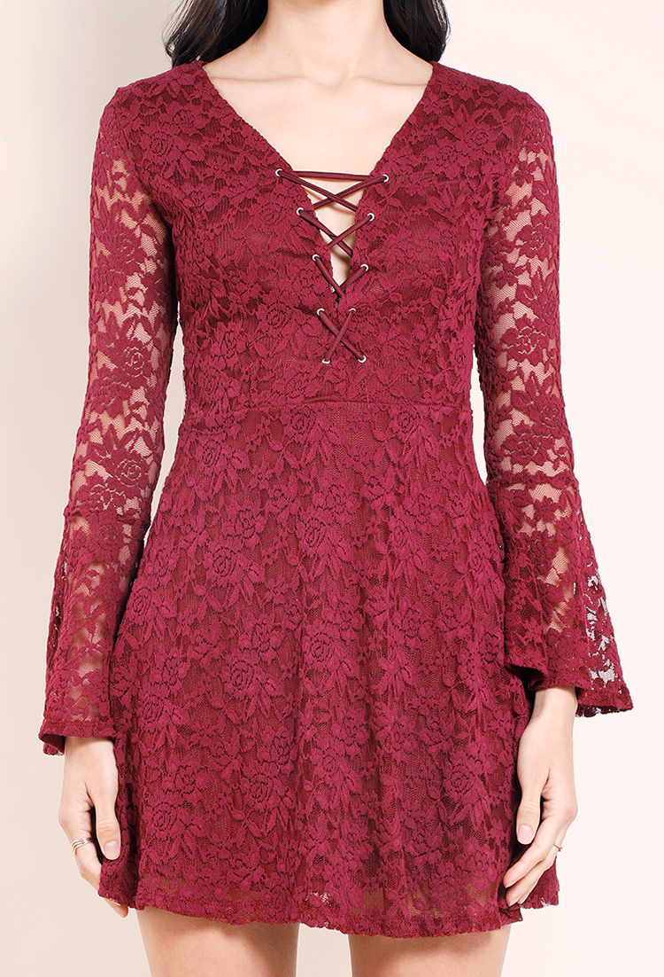 Lace-Up Floral Bell-Sleeve Lace Dress