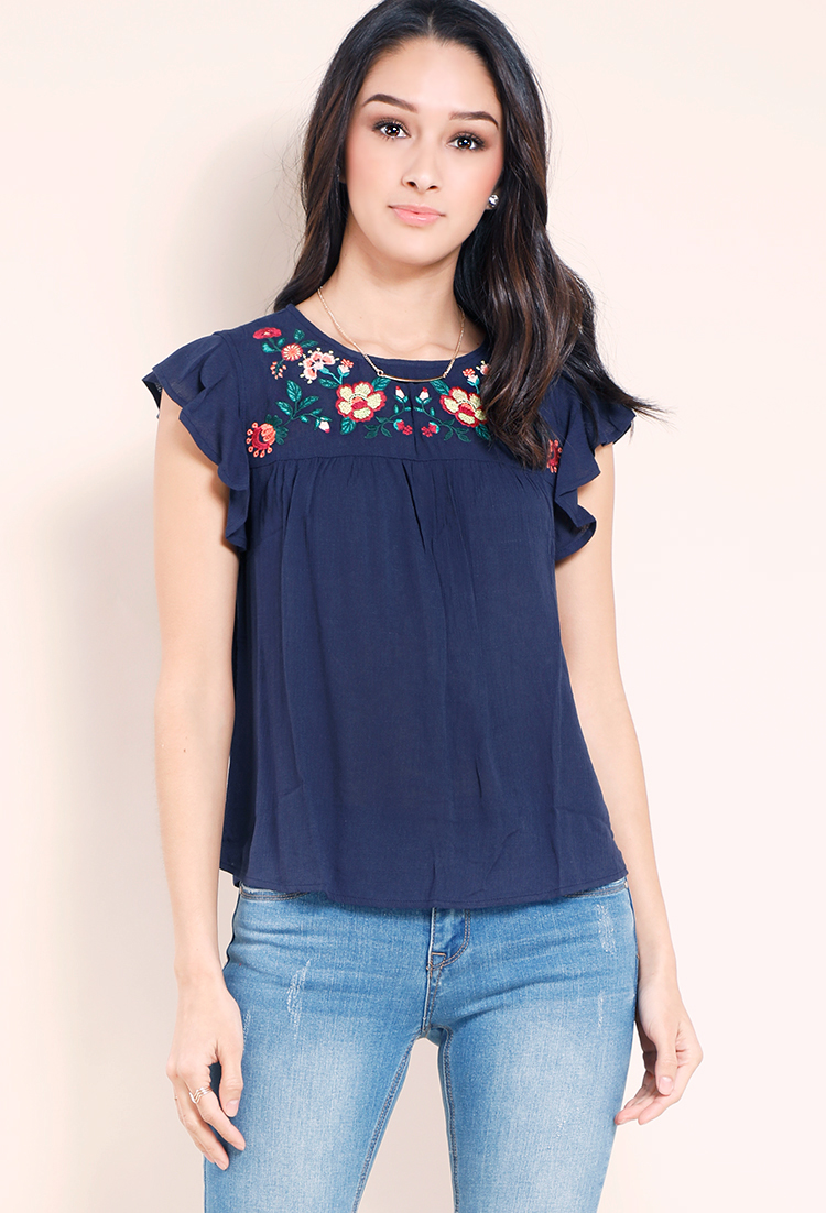 Floral Embroidered Frill-Hem Top