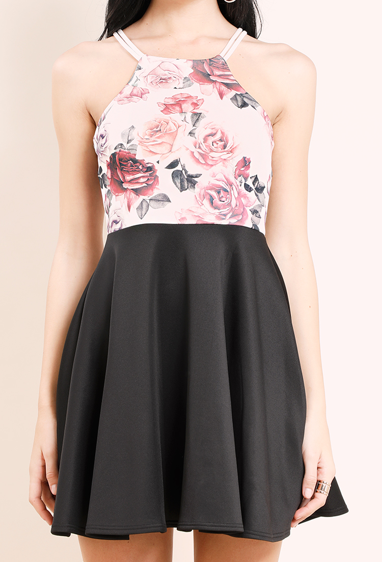 Floral Halter Fit And Flare Dress