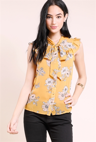 Floral Tie-Front Ruffled Blouse