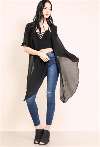 Draped Open-Front Sheer Mesh Tiered Sleeve Cardigan