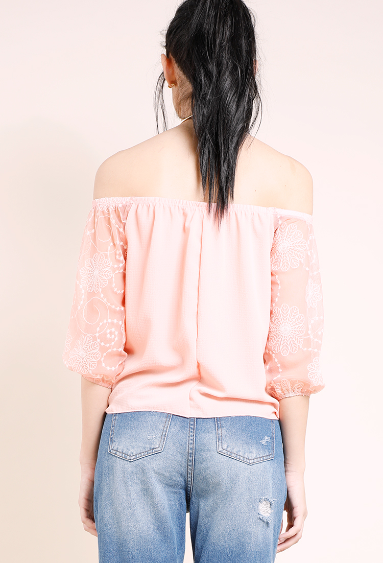 Self-Tie Embroidered Mesh Sleeve Top