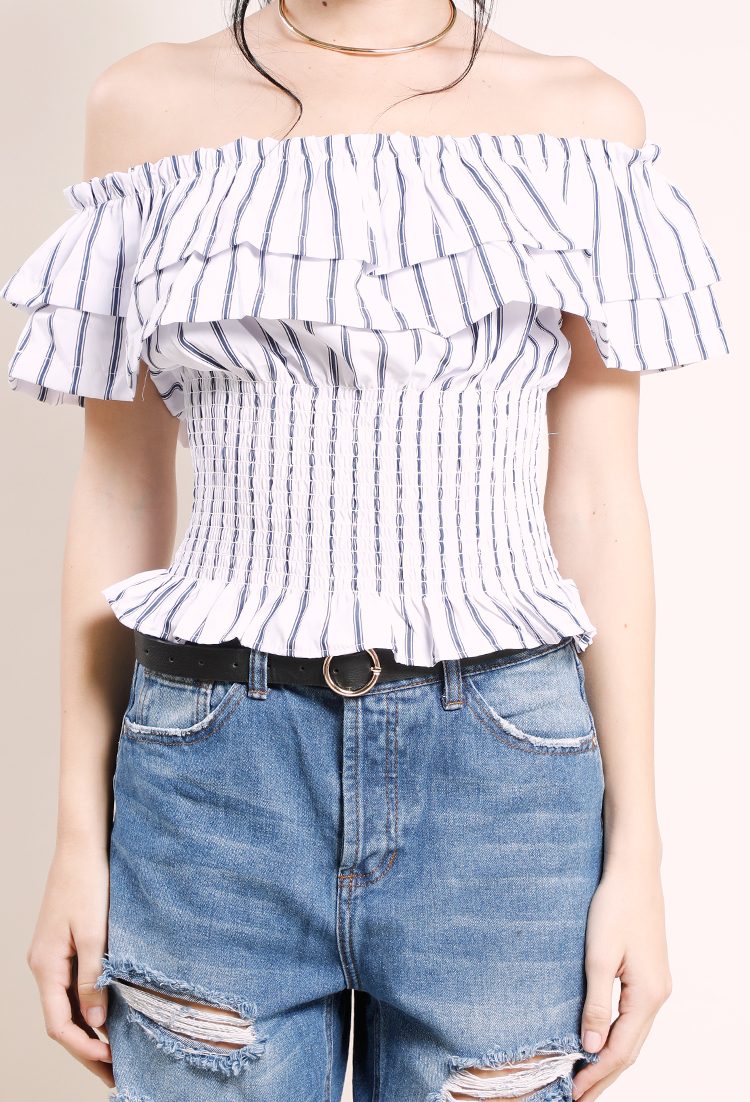 Smocked Off-The-Shoulder Striped Ruffle Top 