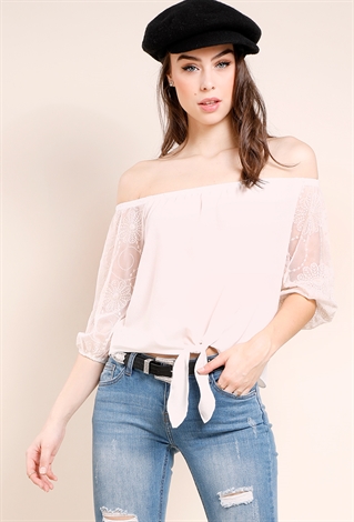Self-Tie Embroidered Mesh Sleeve Top
