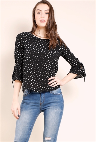 Polka Dotted Self-Tie Sleeve Blouse