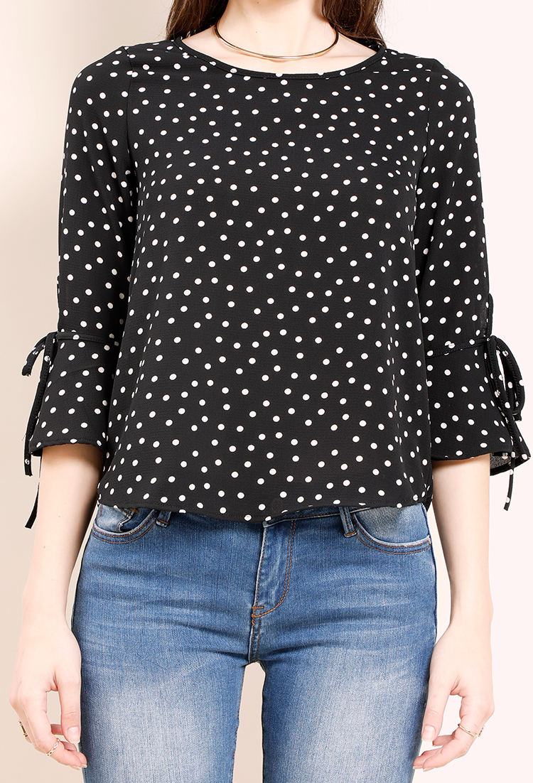 Polka Dotted Self-Tie Sleeve Blouse