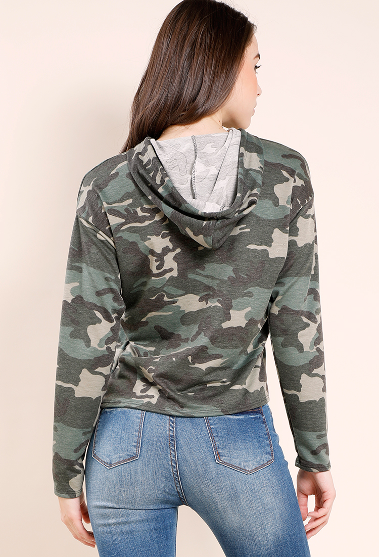 Camo Rose Good Vibes Only Graphic Cropped Hooded Sweatshirt