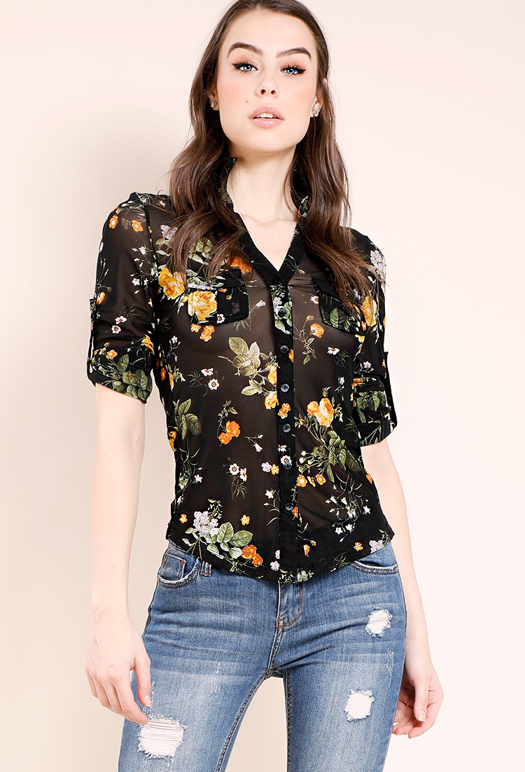 Floral Button-Down Cuffed Pocketed Blouse
