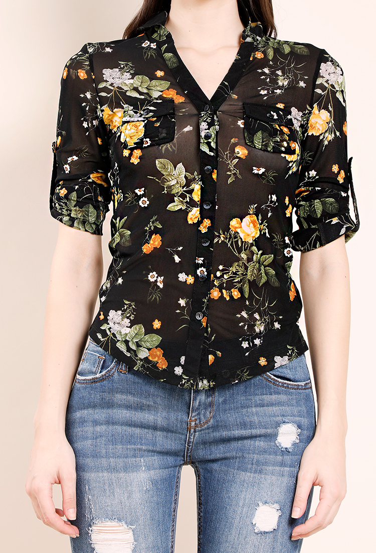 Floral Button-Down Cuffed Pocketed Blouse