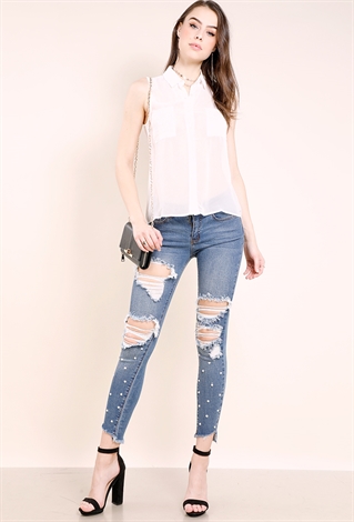 Pearl Studded Distressed Skinny Jeans