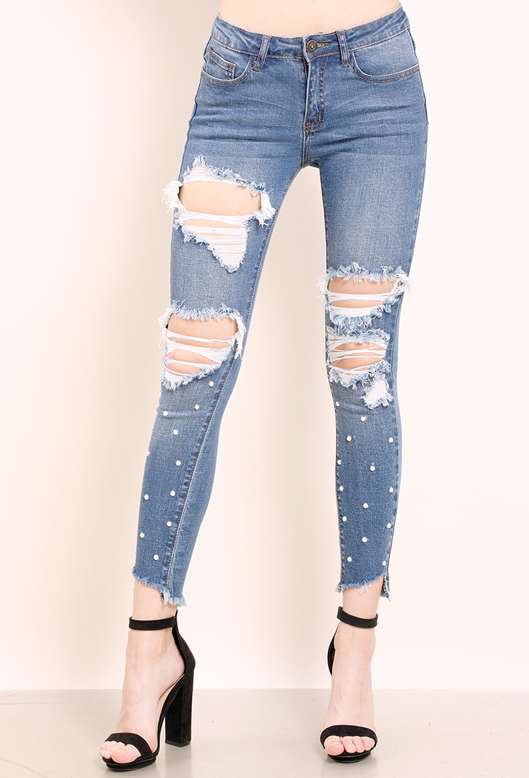 Pearl Studded Distressed Skinny Jeans
