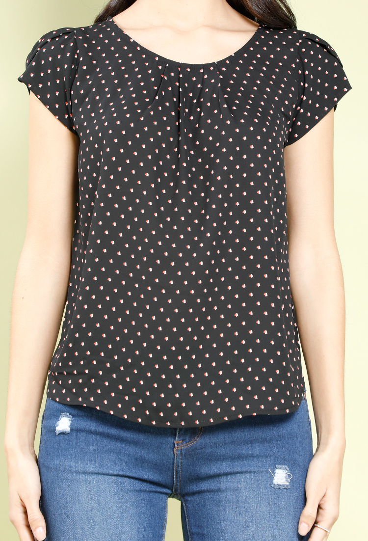 Abstract Dot Cap-Sleeved Top