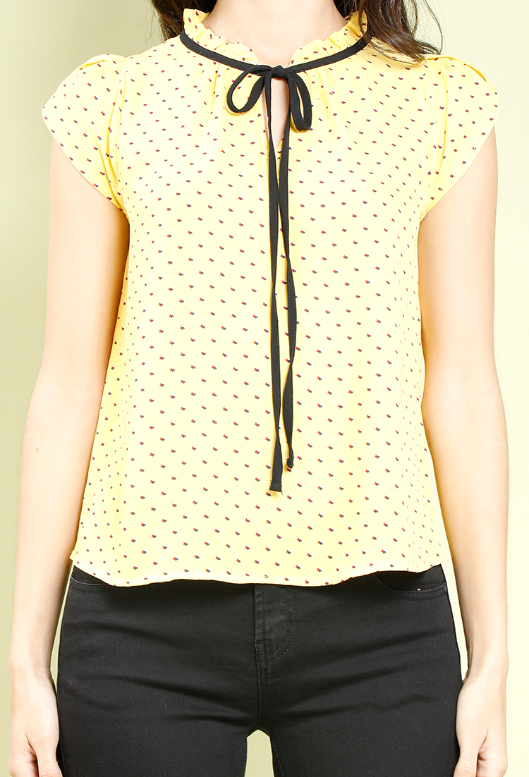 Abstract Pattern Tie-Front Cap-Sleeve Blouse