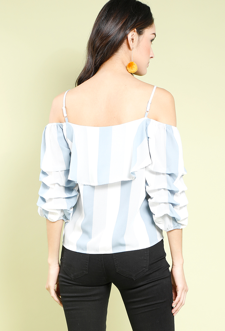Off-The-Shoulder Ruched Striped Blouse