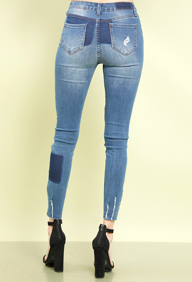 Distressed High-Rise Patchwork Skinny Jeans