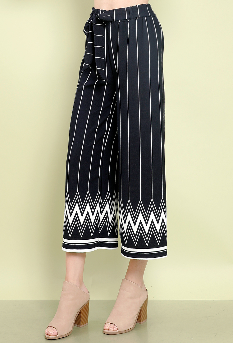 Striped Geometric Self-Tie Culottes
