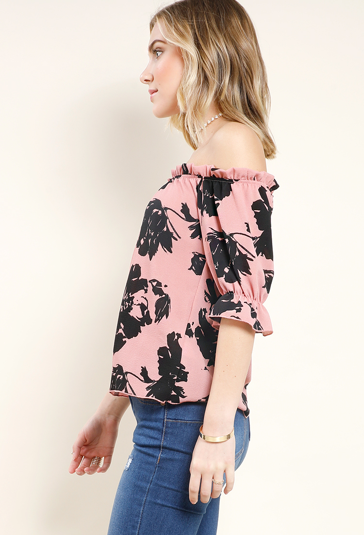 Pearl Button Off-The-Shoulder Floral Smocked Top