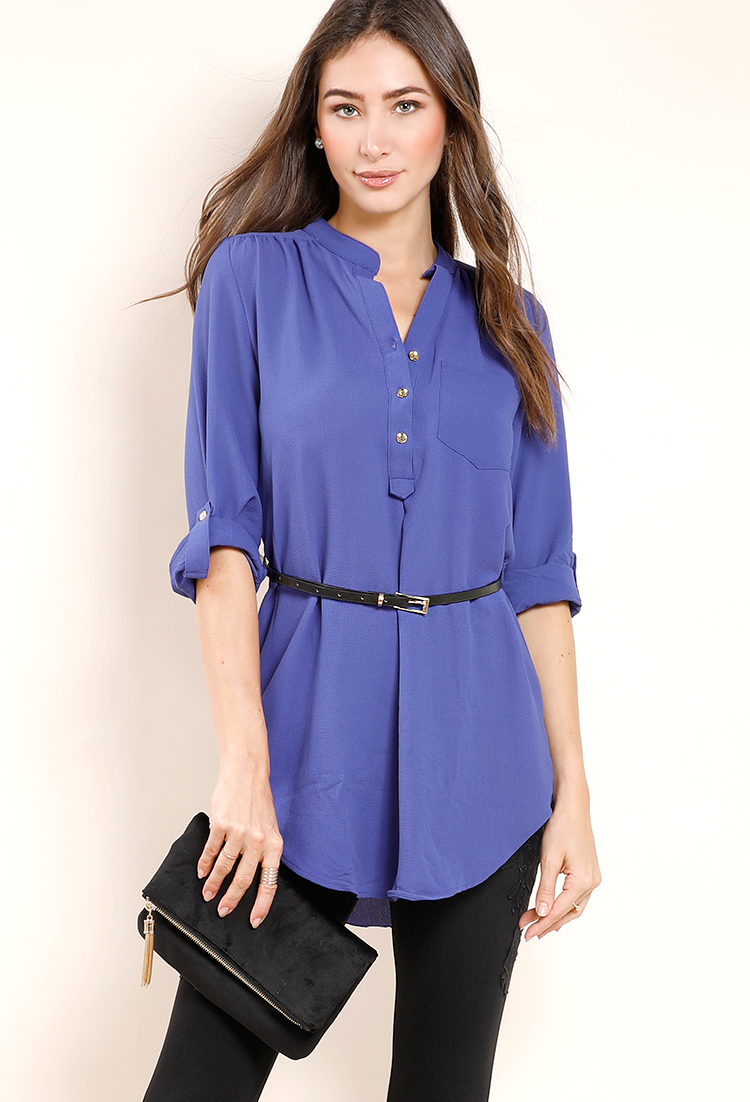 Button-Up Belted Longline Blouse