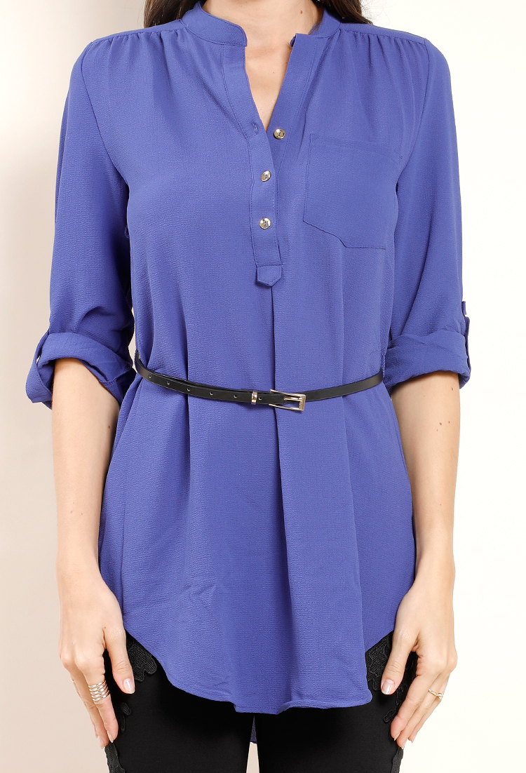 Button-Up Belted Longline Blouse