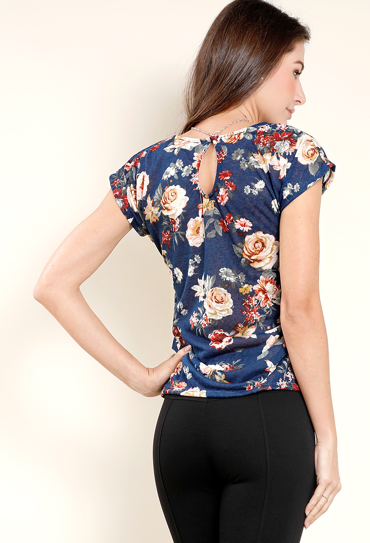 Semi-Sheer Keyhole Floral Top W/Necklace