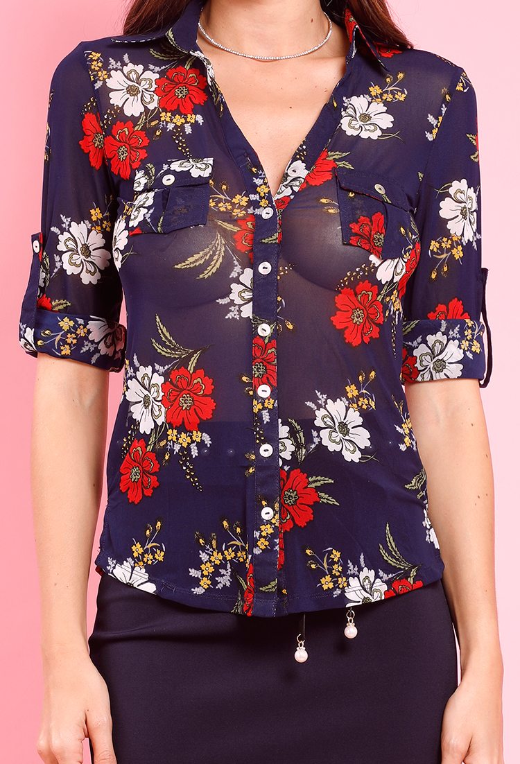 Floral Print Button Up Pocketed Blouse
