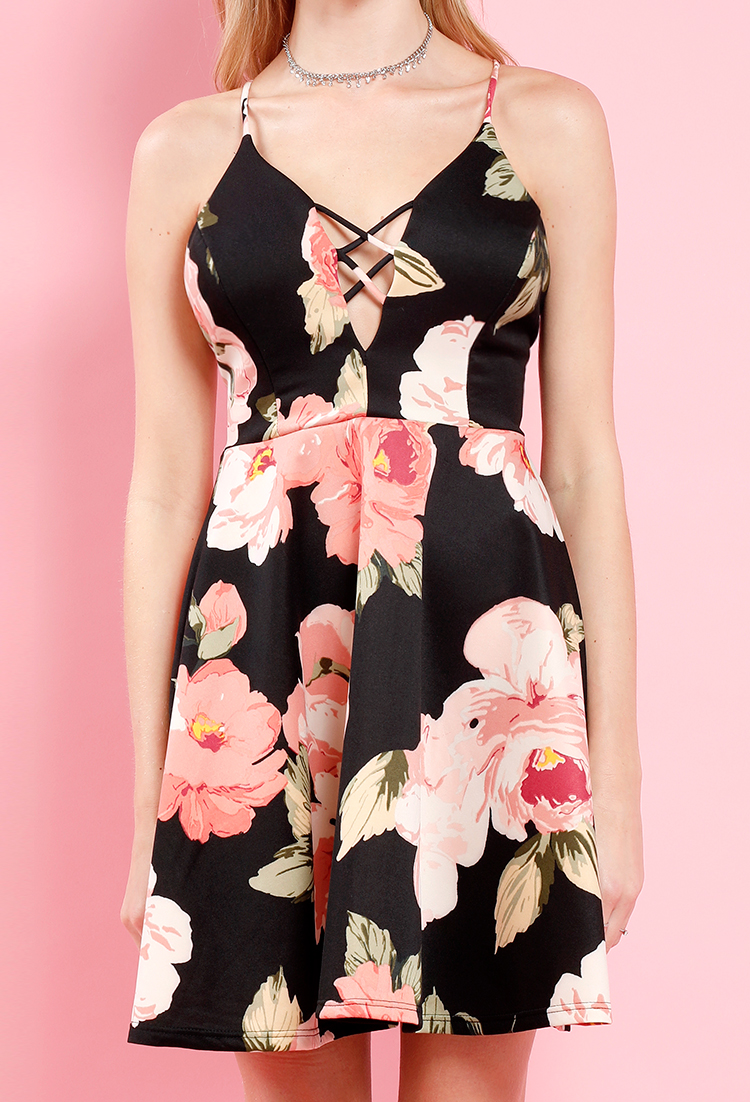 Crisscross Floral Fit And Flare Mini Dress