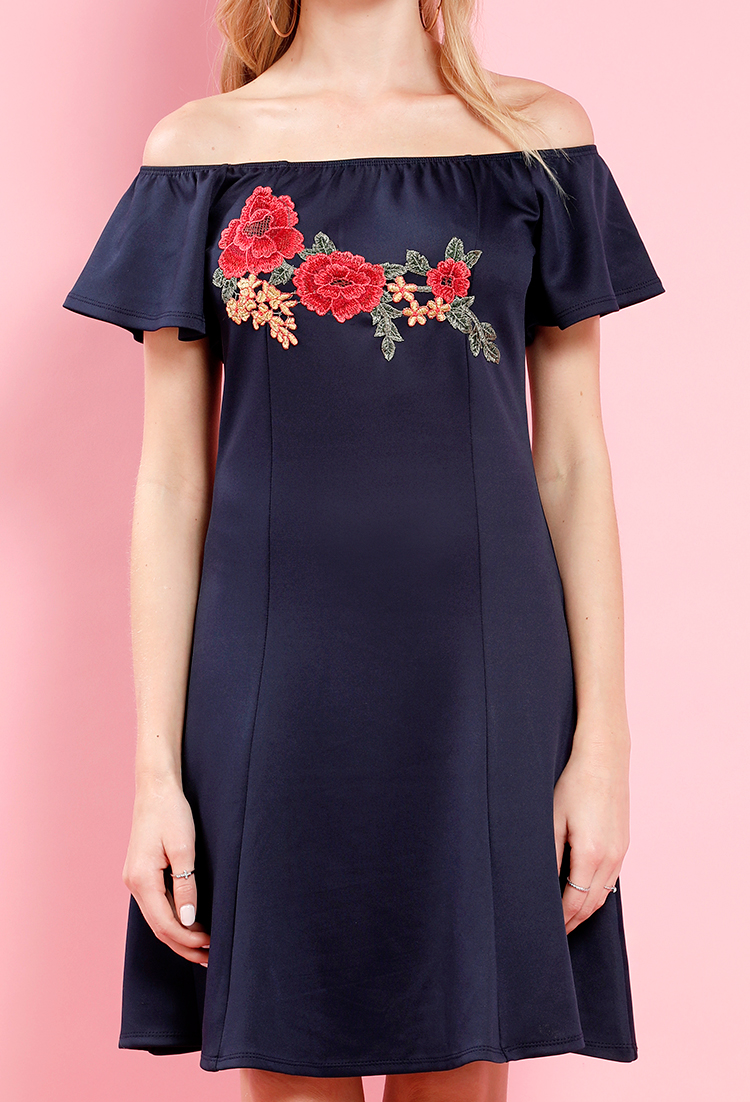 Off-The-Shoulder Floral Embroidered Mini Dress